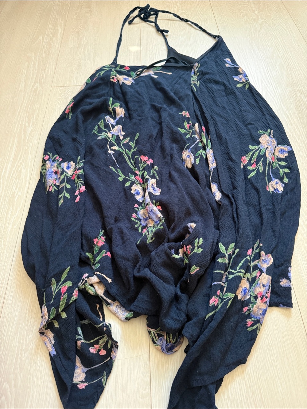 O'Neill Black Floral Asymmetrical Slip Dress with Pink & Green Accents - Picture 9 of 9